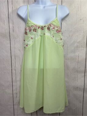 Vintage Lime Green Floral Lace Slip Dress L Coquette Fairycore Cottagecore Mini